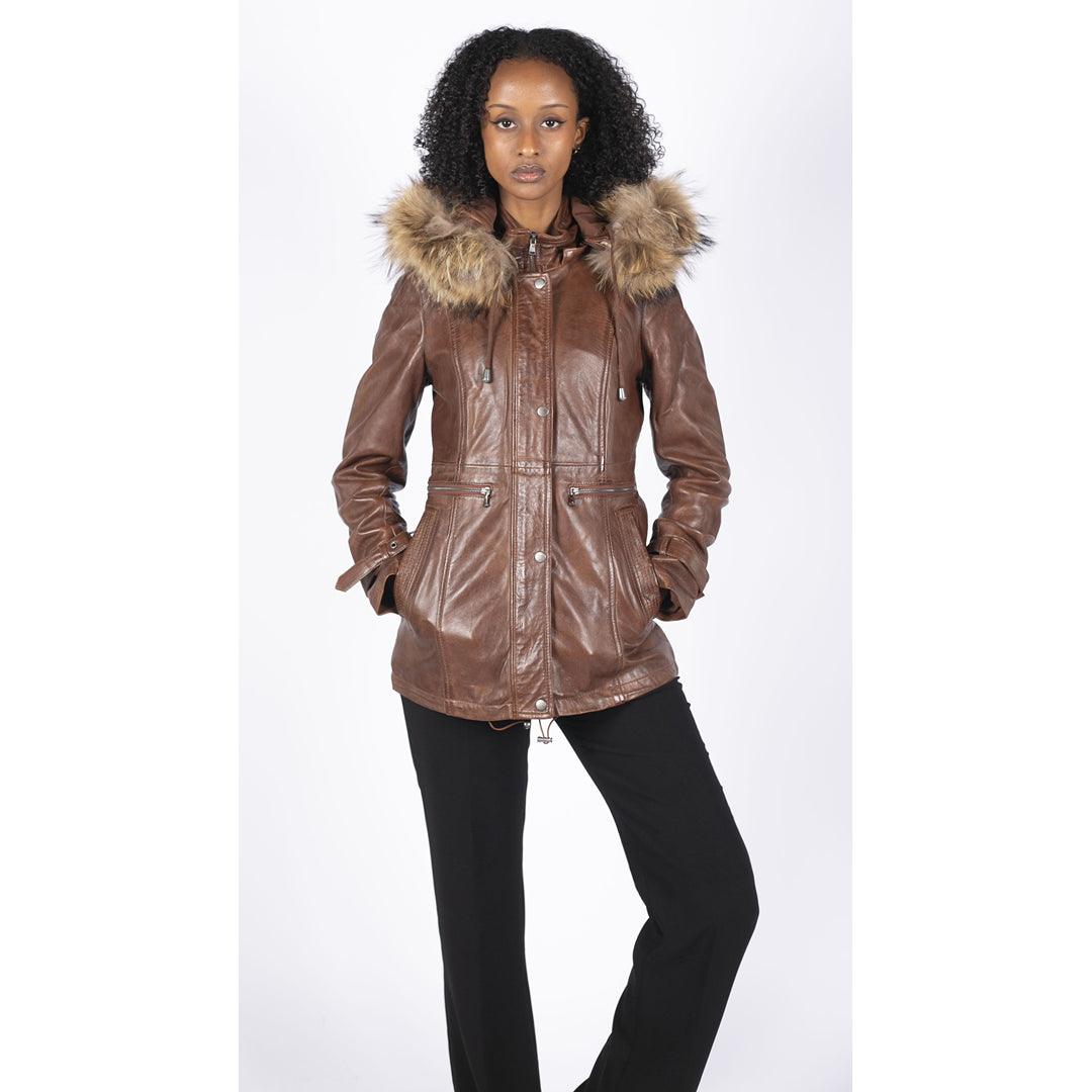 Womens Real Leather Parka Coat 3/4 Removable Hood Fur Button Cover Zipped - Knighthood Store