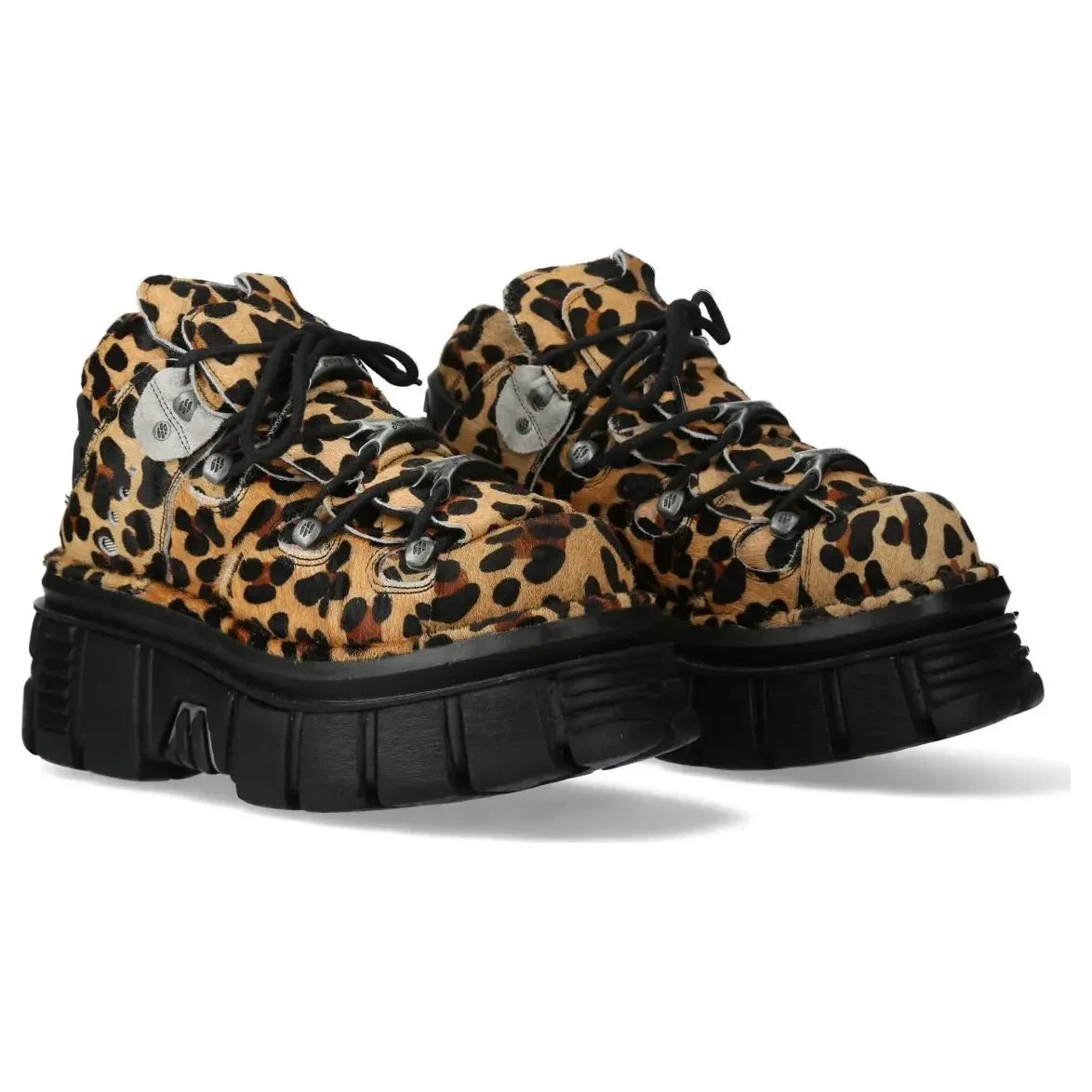Women's New Rock M-106-C192 Leopard Brown Leather Gothic Ankle Boots