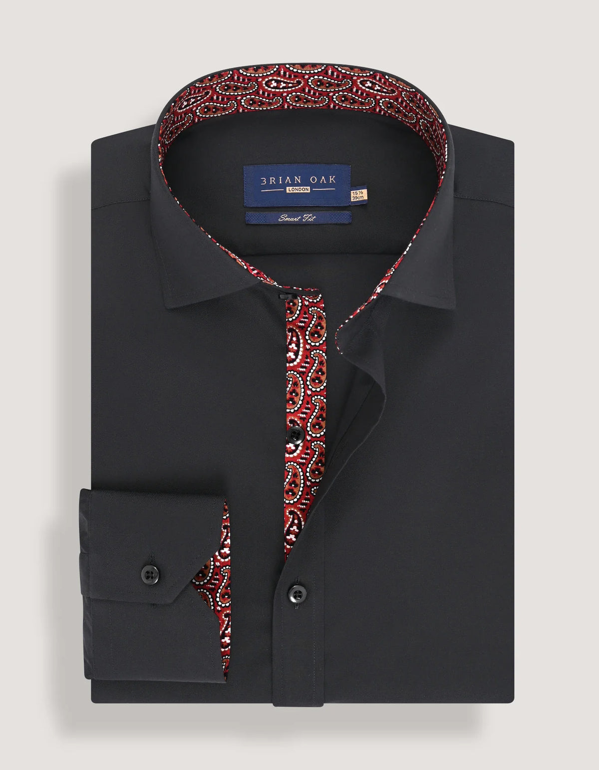 Men's Black Cotton Twill Formal Shirt with Red Paisley Trim
