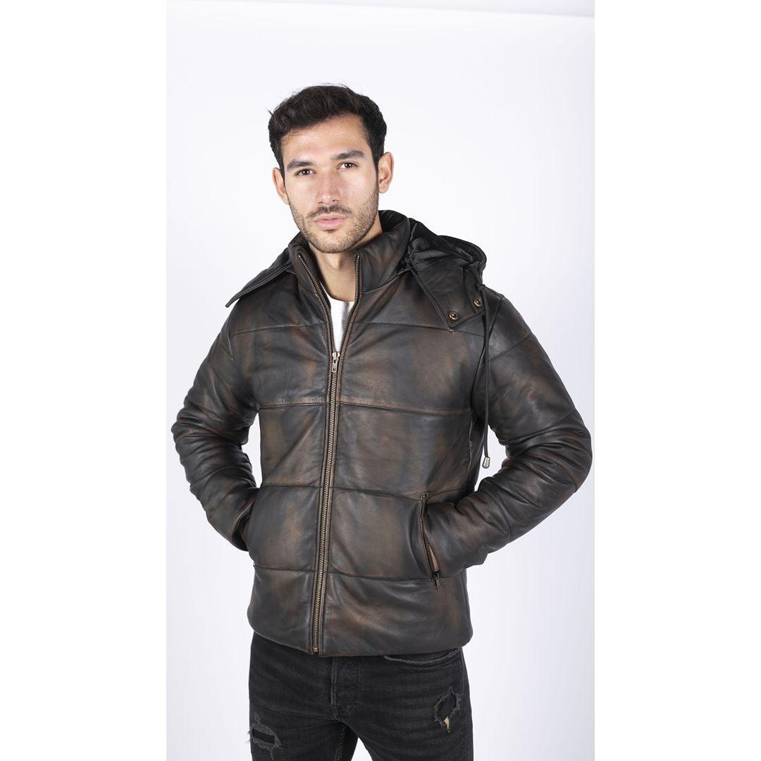 Mens Puffer Hood Jacket Real Leather Black Brown Casual Retro 80s Classic Casual - Knighthood Store