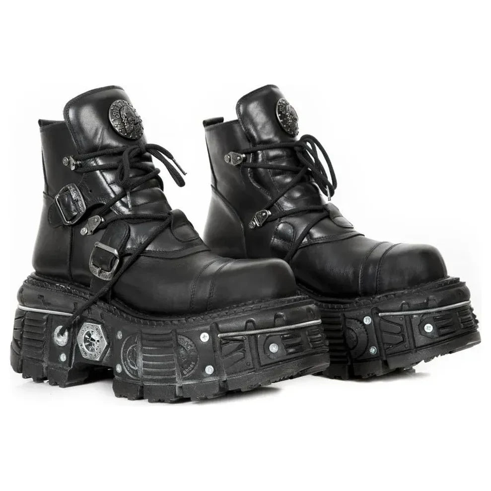 Women's New Rock M-TANK007-S1 Black Leather Platform Ankle Boots