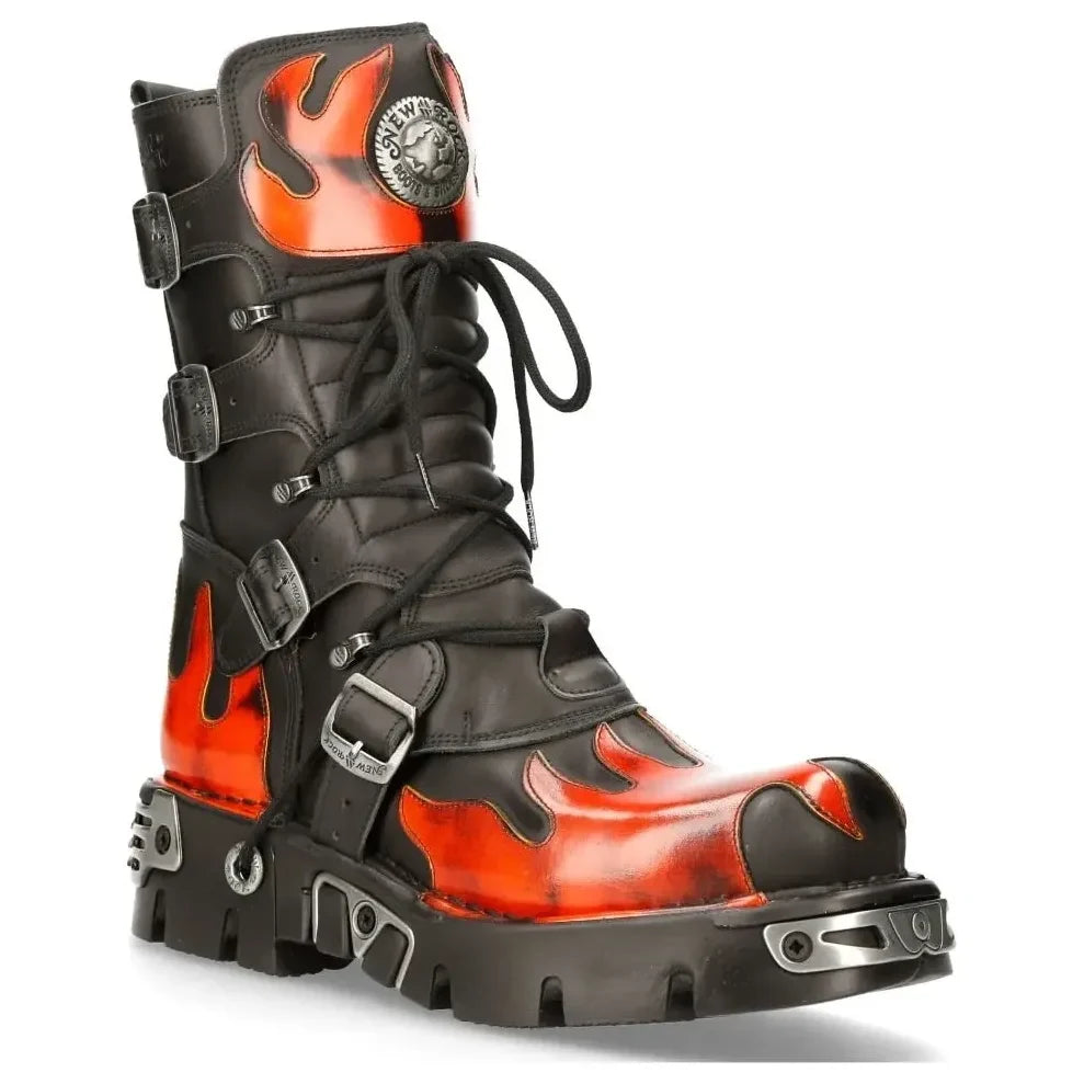 Men's New Rock 591-s1 Red Flame Metallic Black Leather Goth Boots