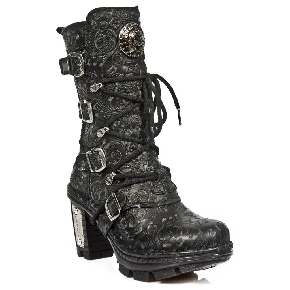 New Rock NEOTR005-S25 Women's Floral Black Leather Boots