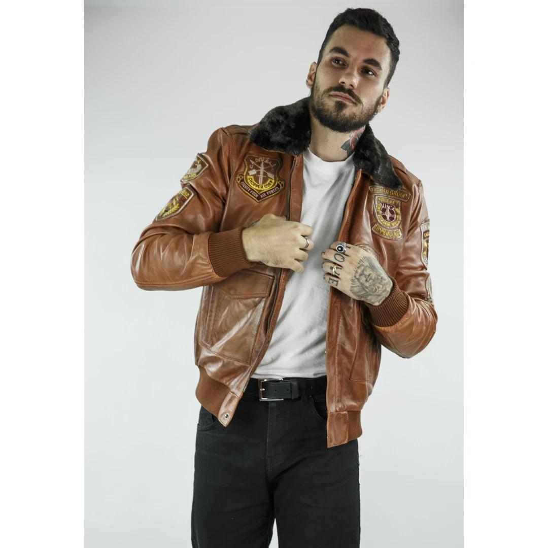 Mens Aviator Flying Pilot Bomber Jacket Vintage Tan Removable Black Fur Collar - Knighthood Store