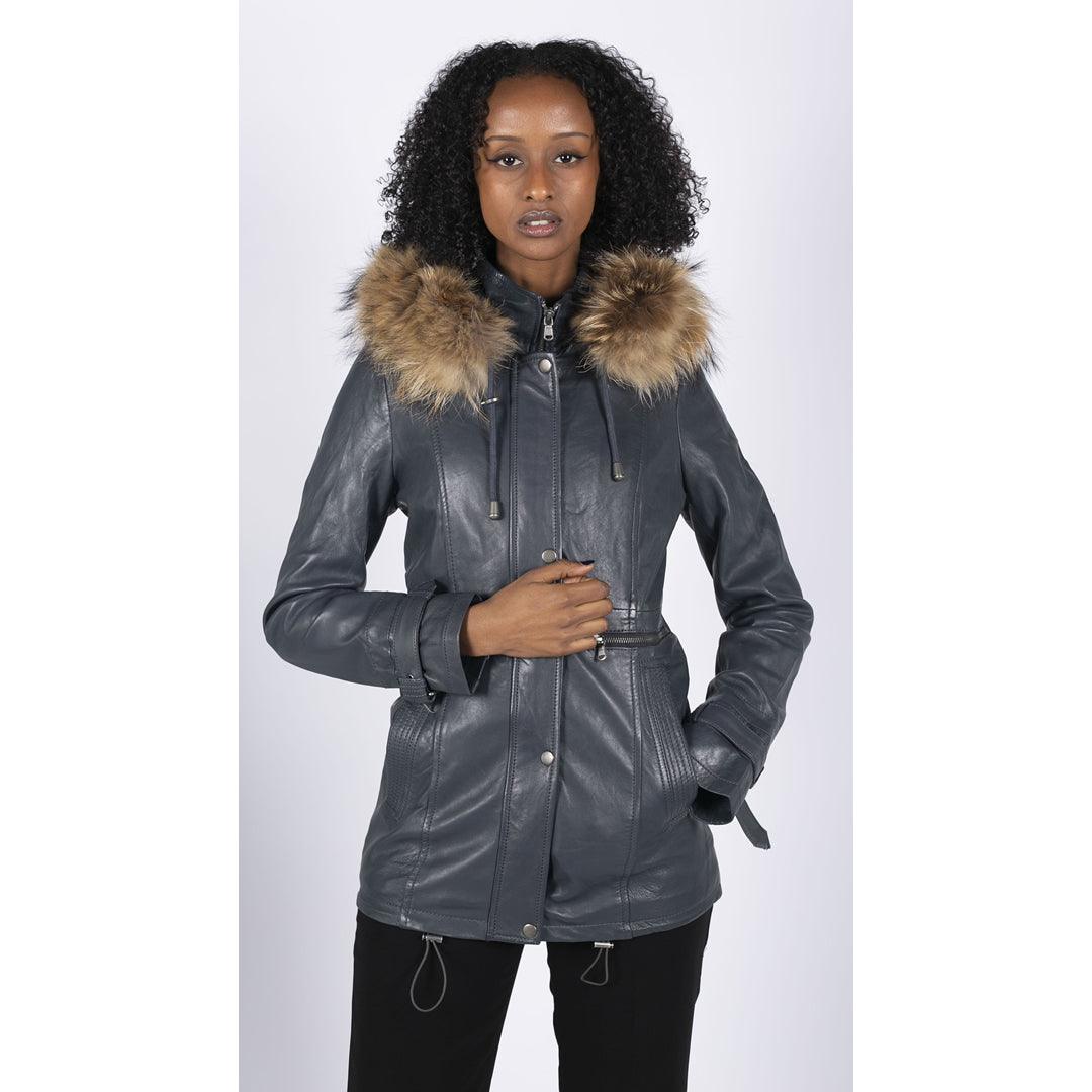 Womens Real Leather Parka Coat 3/4 Removable Hood Fur Button Cover Zipped - Knighthood Store