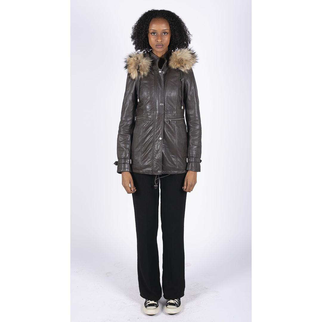 Womens Real Leather Parka Coat 3/4 Removable Hood Fur Button Cover Zipped - Knighthood Store