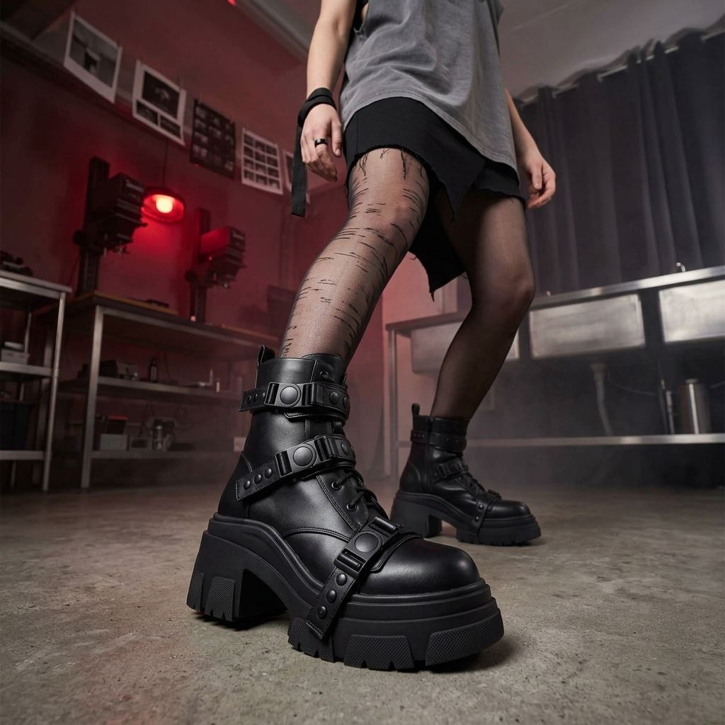 Women's Black Vegan Leather Mid-Calf Buckle Platform Combat Boots