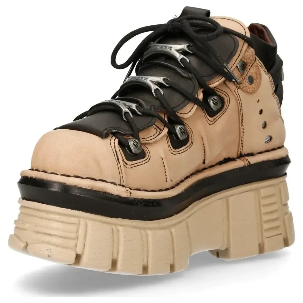 Women's New Rock M-106-S40 Beige Leather Gothic Ankle Platform Boots