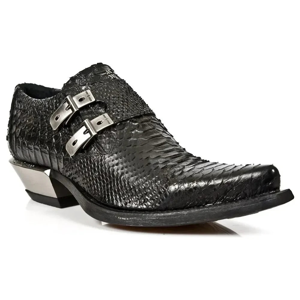 Men's New Rock 7934-S2 Embossed Black Leather Buckle West Boots