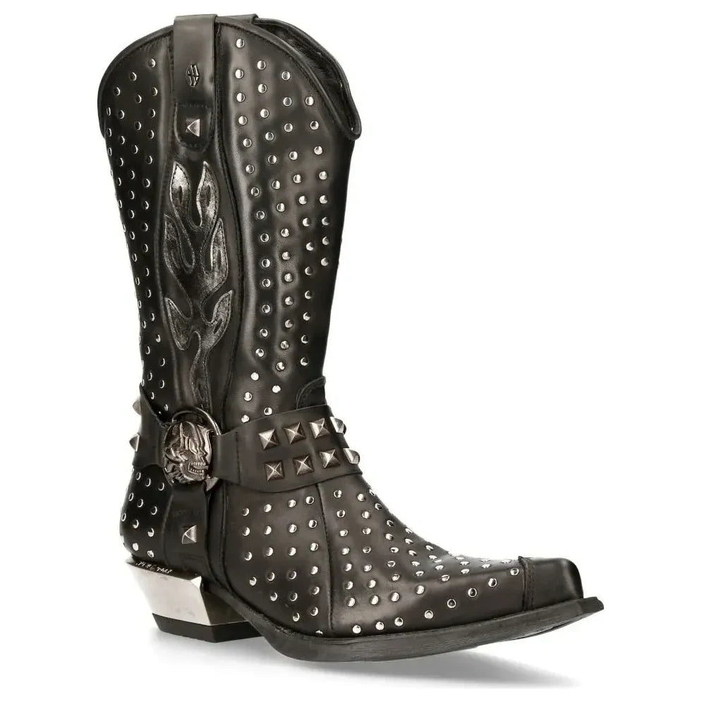 Men's New Rock M-7928-s1 Western Cowboy Boots Black Leather