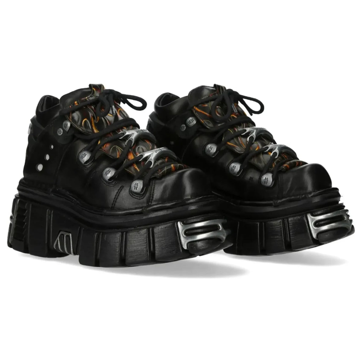 Women's New Rock M-106N-C86 Black Flame Leather Ankle Platform Boots