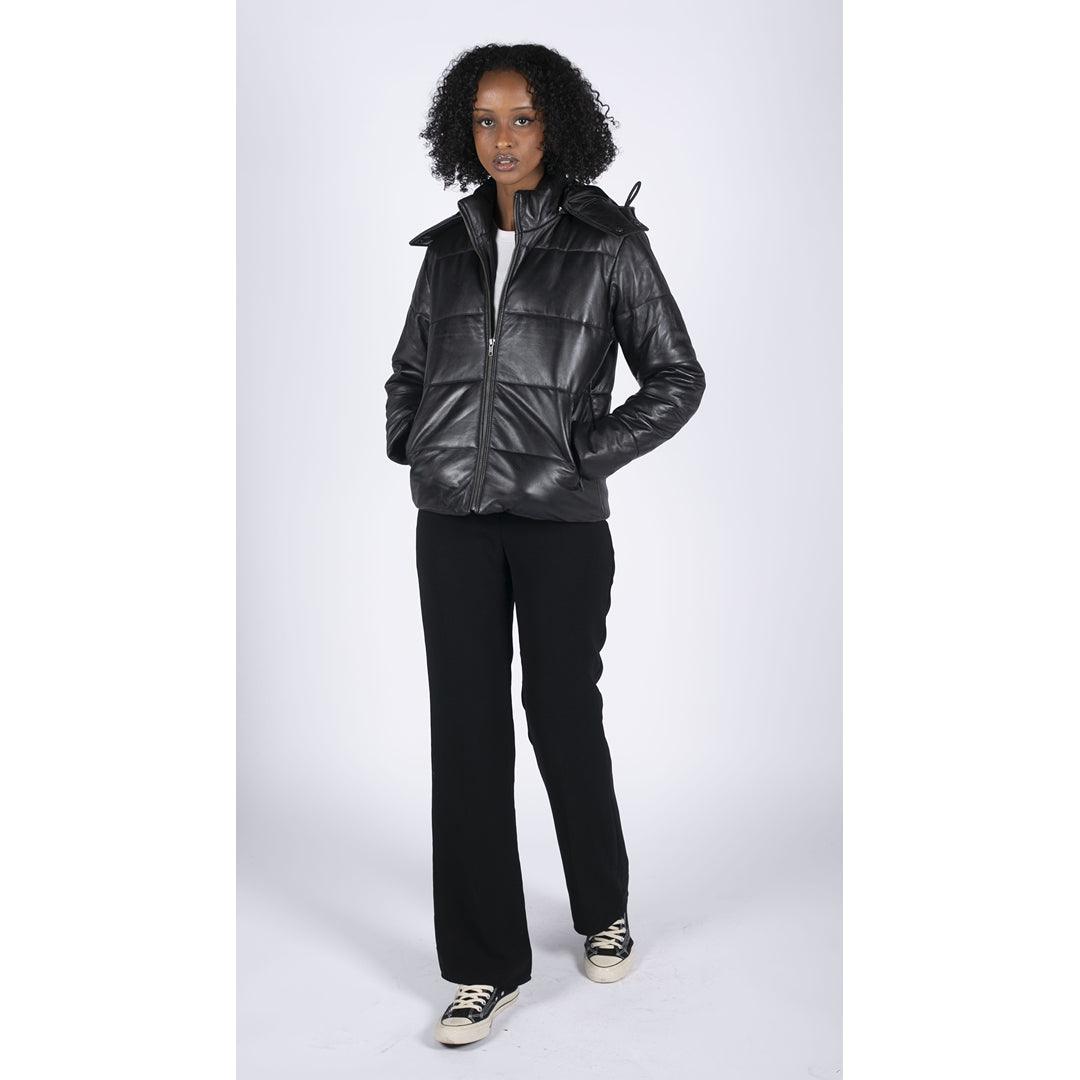 Womens Short Puffer Hood Jacket Real Leather Black Casual Retro 80s Classic - Knighthood Store