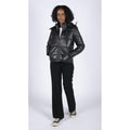 Womens Short Puffer Hood Jacket Real Leather Black Casual Retro 80s Classic - Knighthood Store