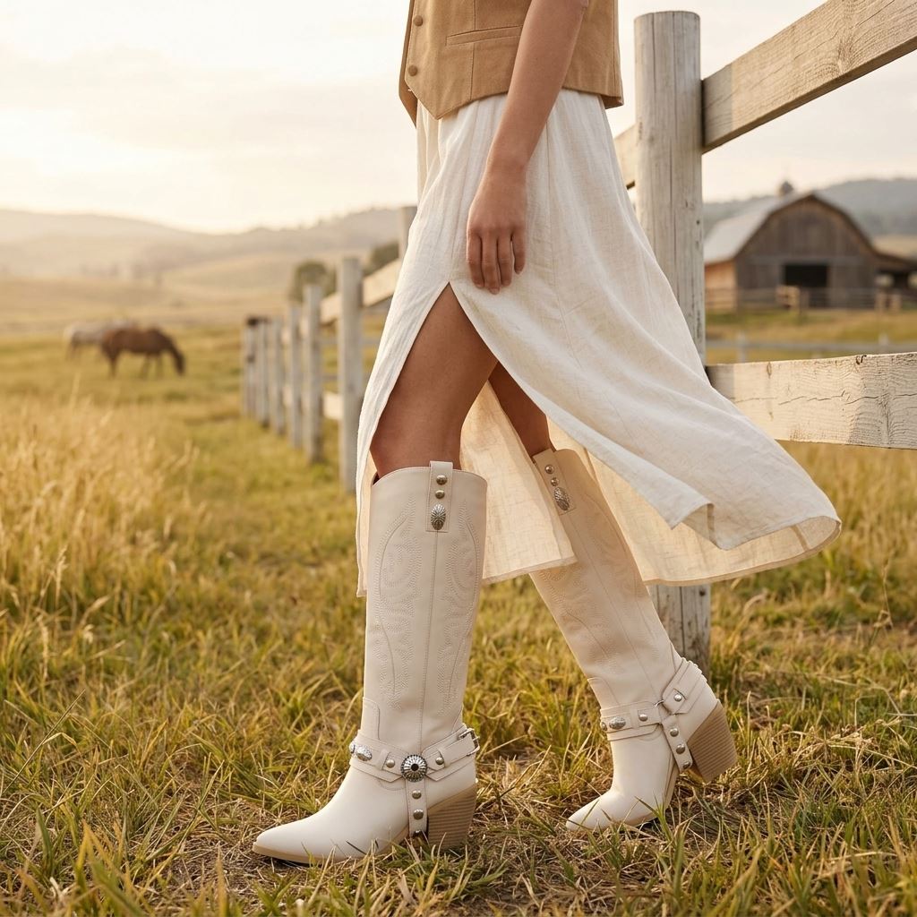 Women's White Vegan Leather Western Knee-High Embroidered Cowboy Boots