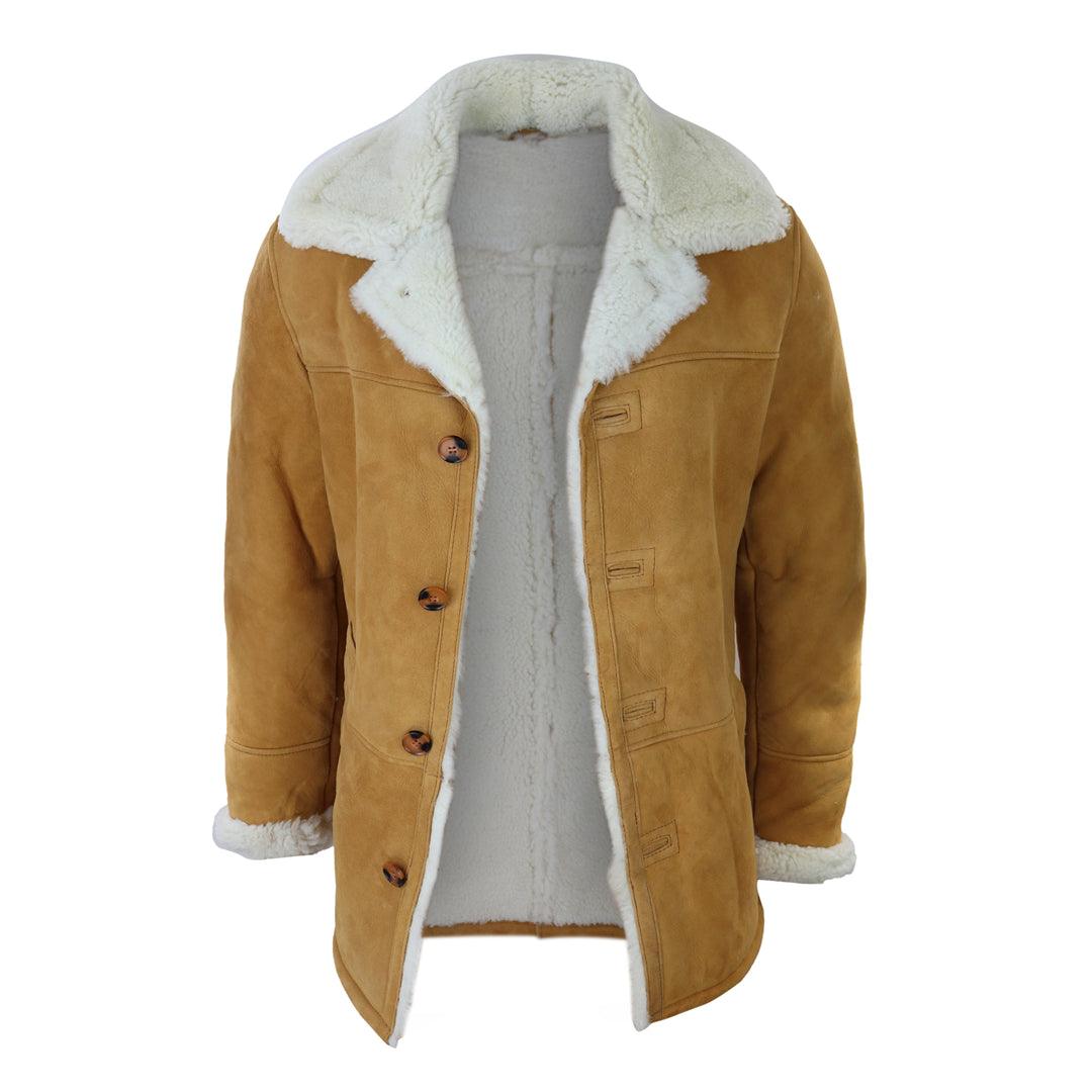 Mens 3/4 Genuine Sheepskin Coat Classic Tan Brown Camel Jacket Cream Fur - Knighthood Store