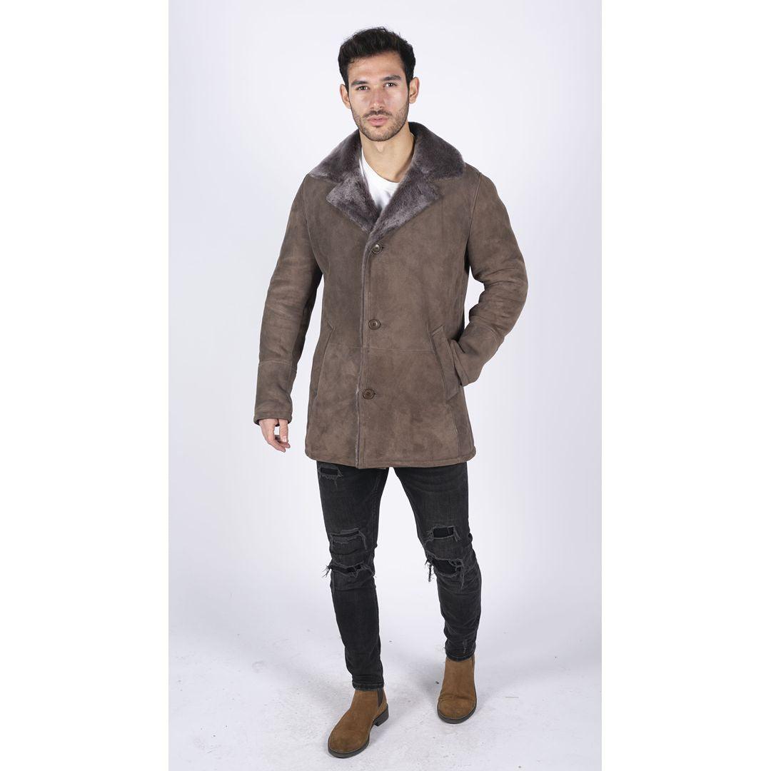 Mens Real Sheepskin Coat Beige Vintage Classic 3/4 Jacket Button Down V Neck - Knighthood Store