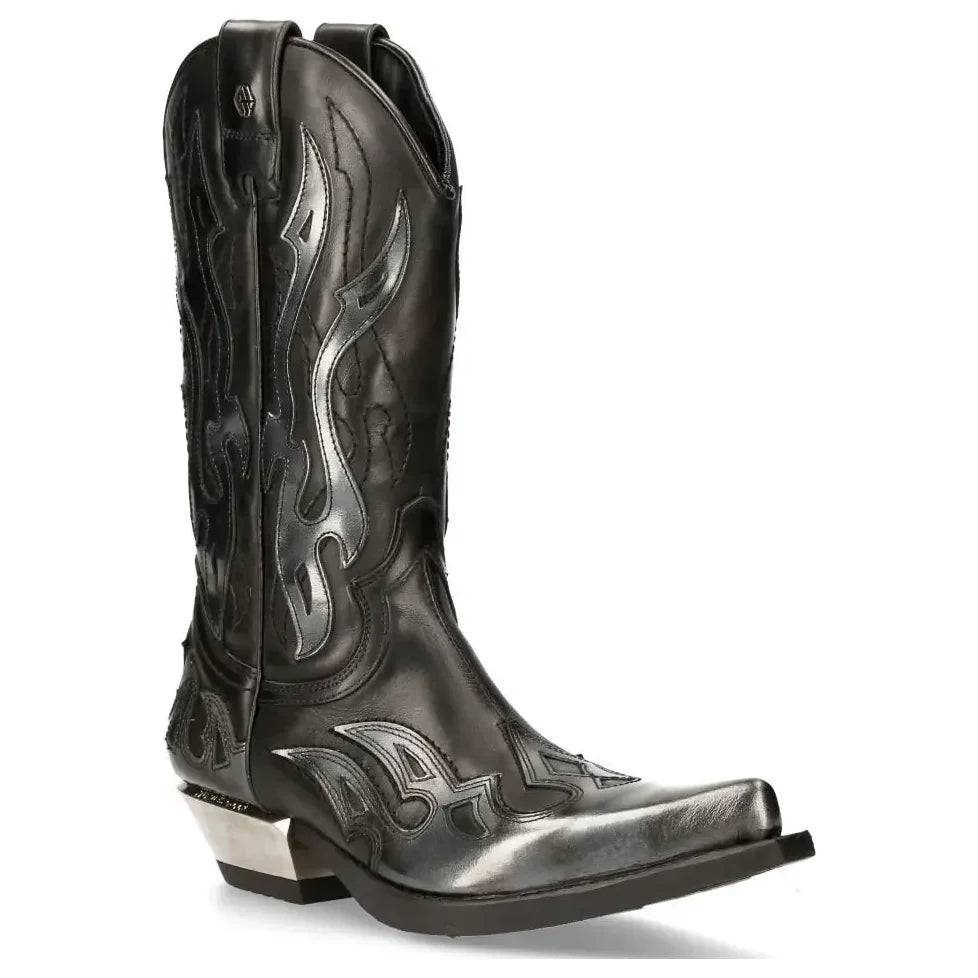 Men's New Rock M-7921-S3 Silver Flame Boots Black Leather Western