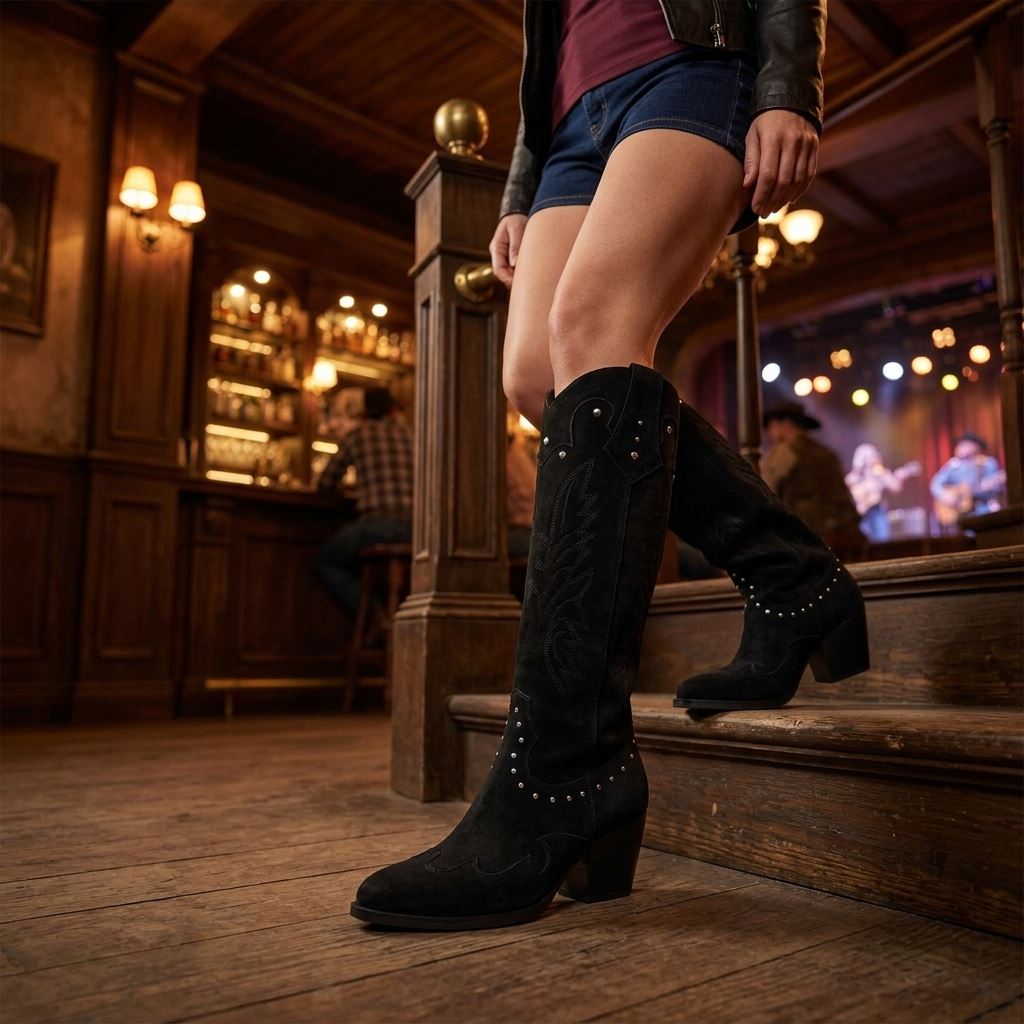 Women's Black Vegan Suede Knee-High Western Studded Cowboy Boots
