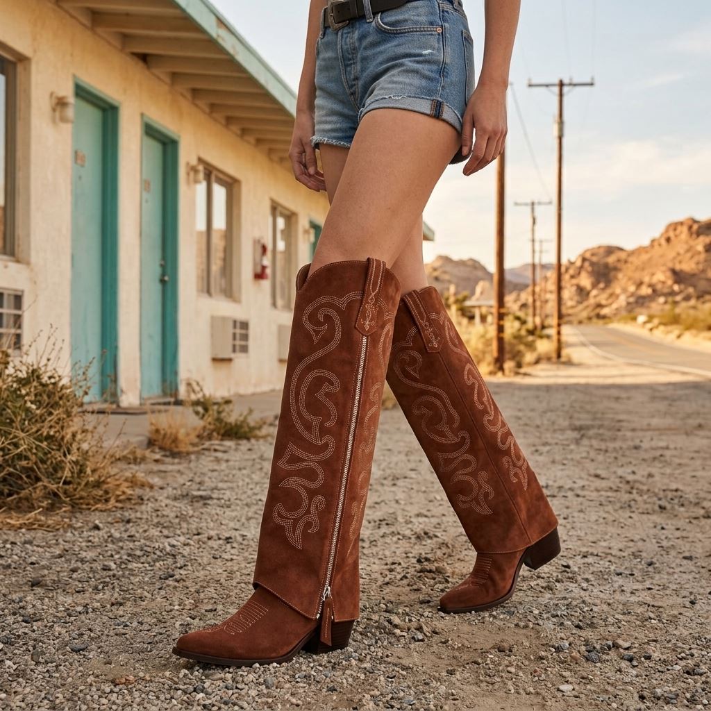 Women's Western Slouch Knee-High Cowboy Brown Vegan Suede Boots