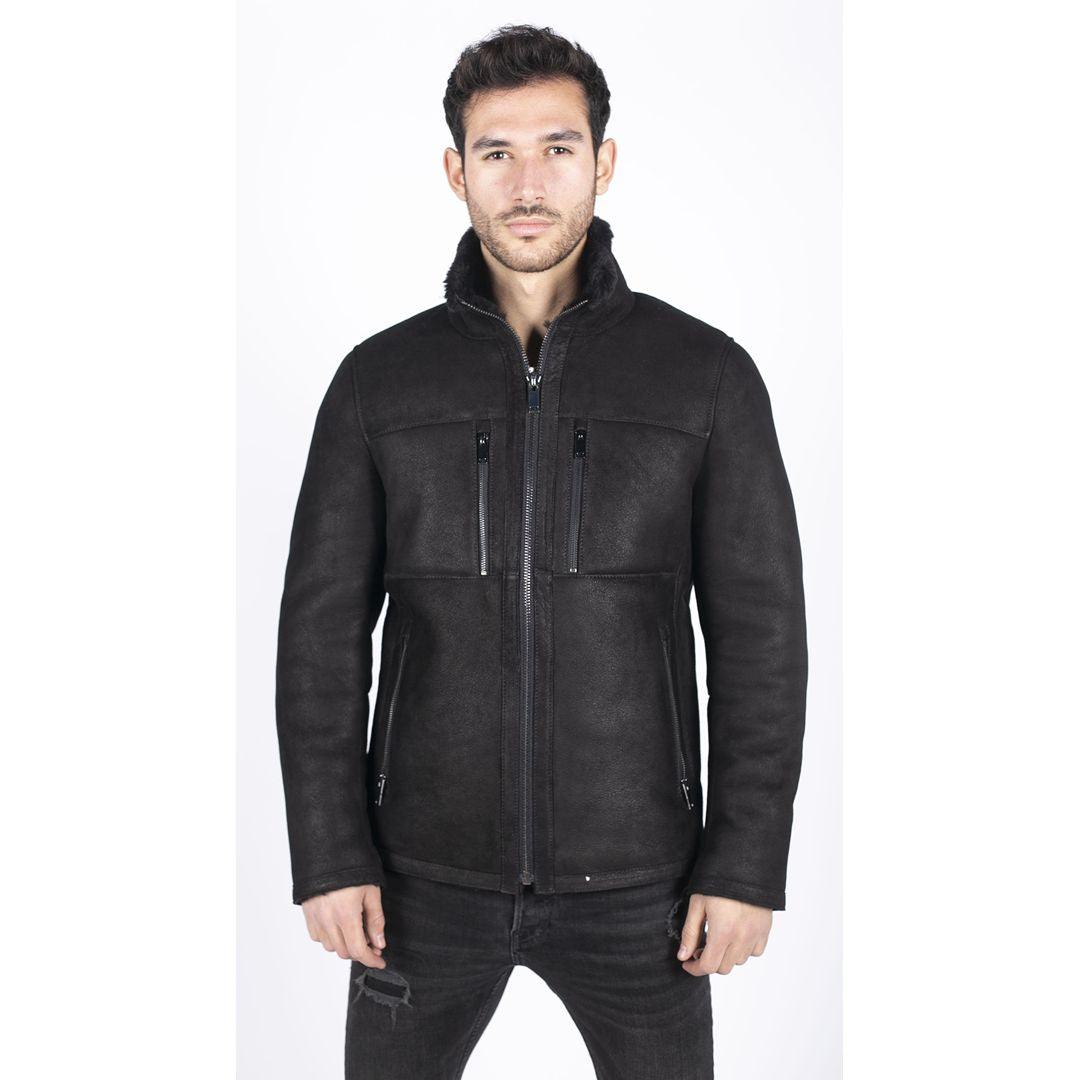 Mens Real Sheepskin Jacket Short Zipped Casual Retro Vintage Black Zipped - Knighthood Store