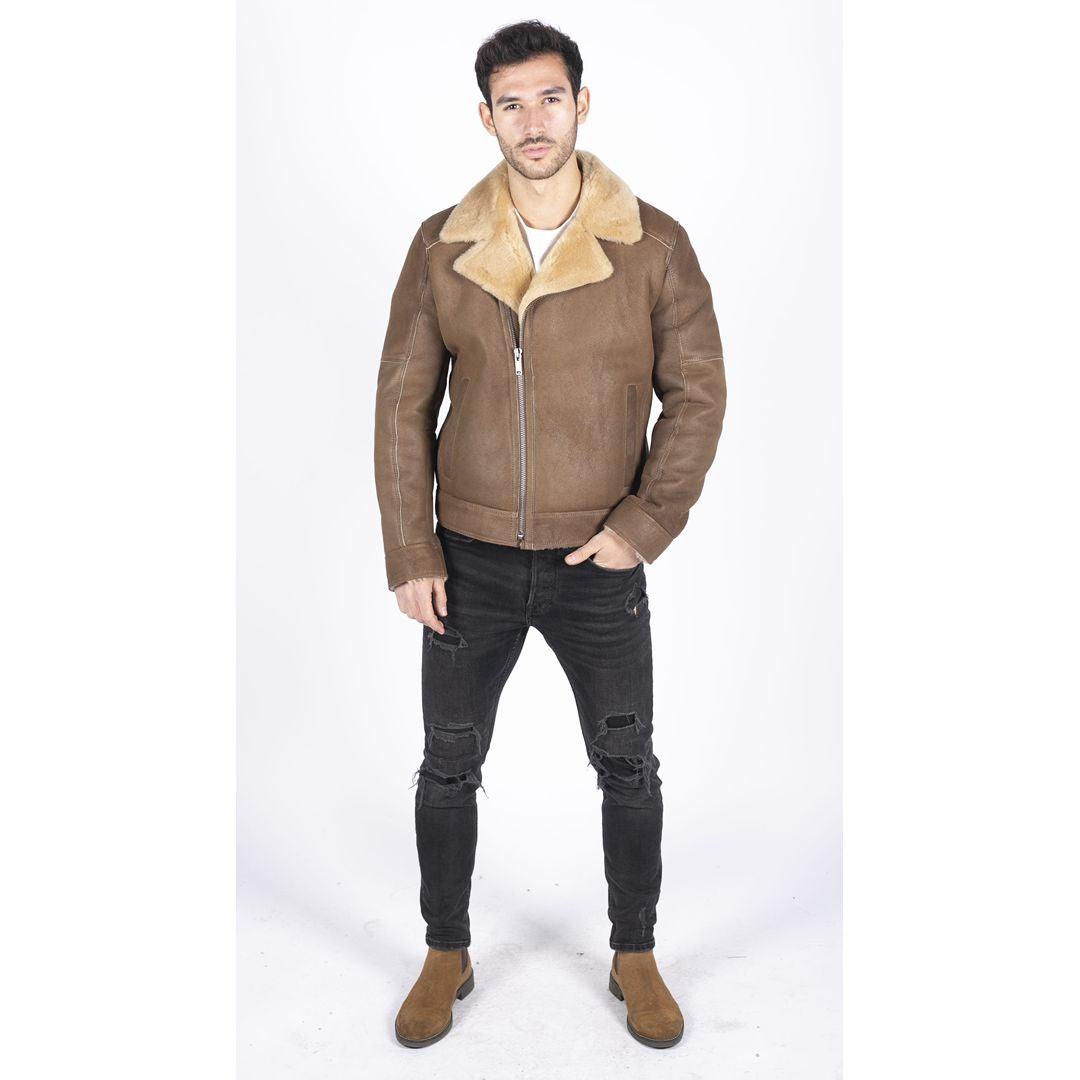 Mens Genuine Sheepskin Leather Cross Zip Flying Aviator Jacket Camel Brown Fur - Knighthood Store