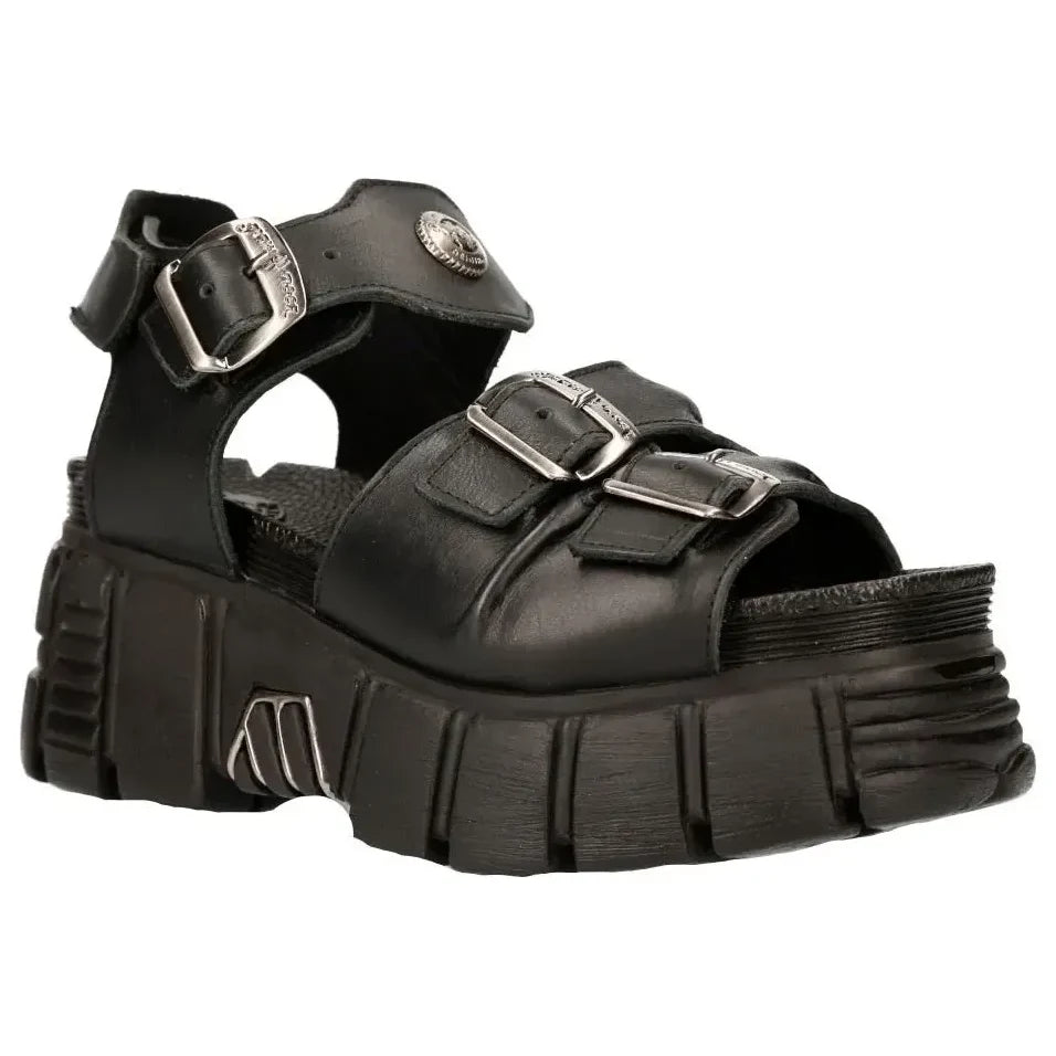 New Rock M-BIOS101-C2 Unisex Black Leather Sandal Punk