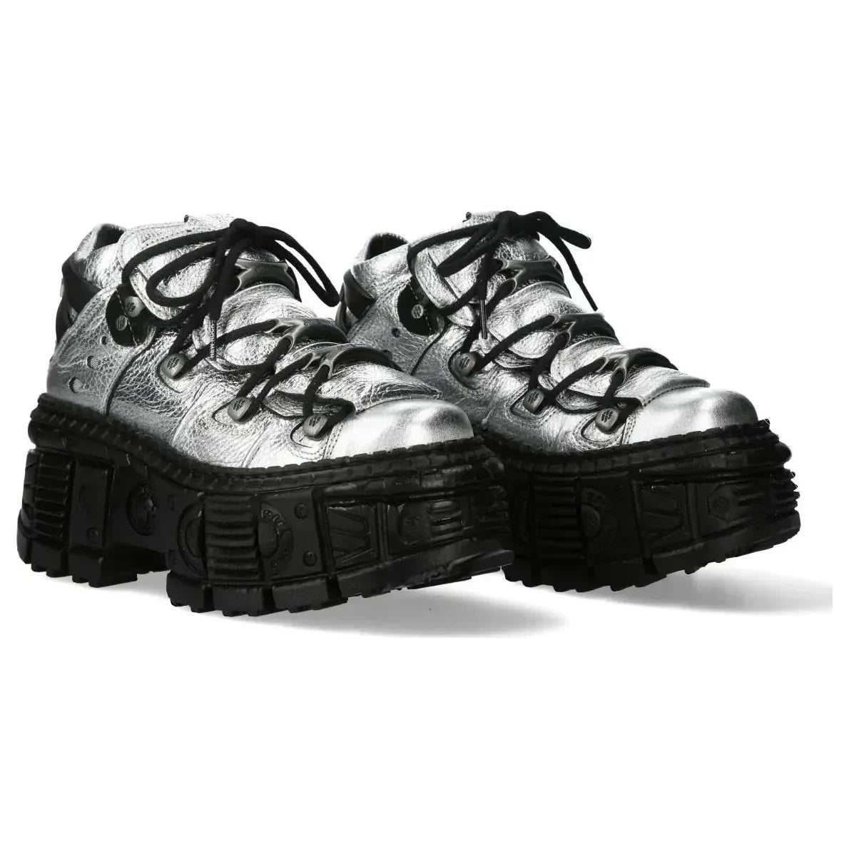Women's New Rock M-106WALL-C16 Silver Black Leather Ankle Boots