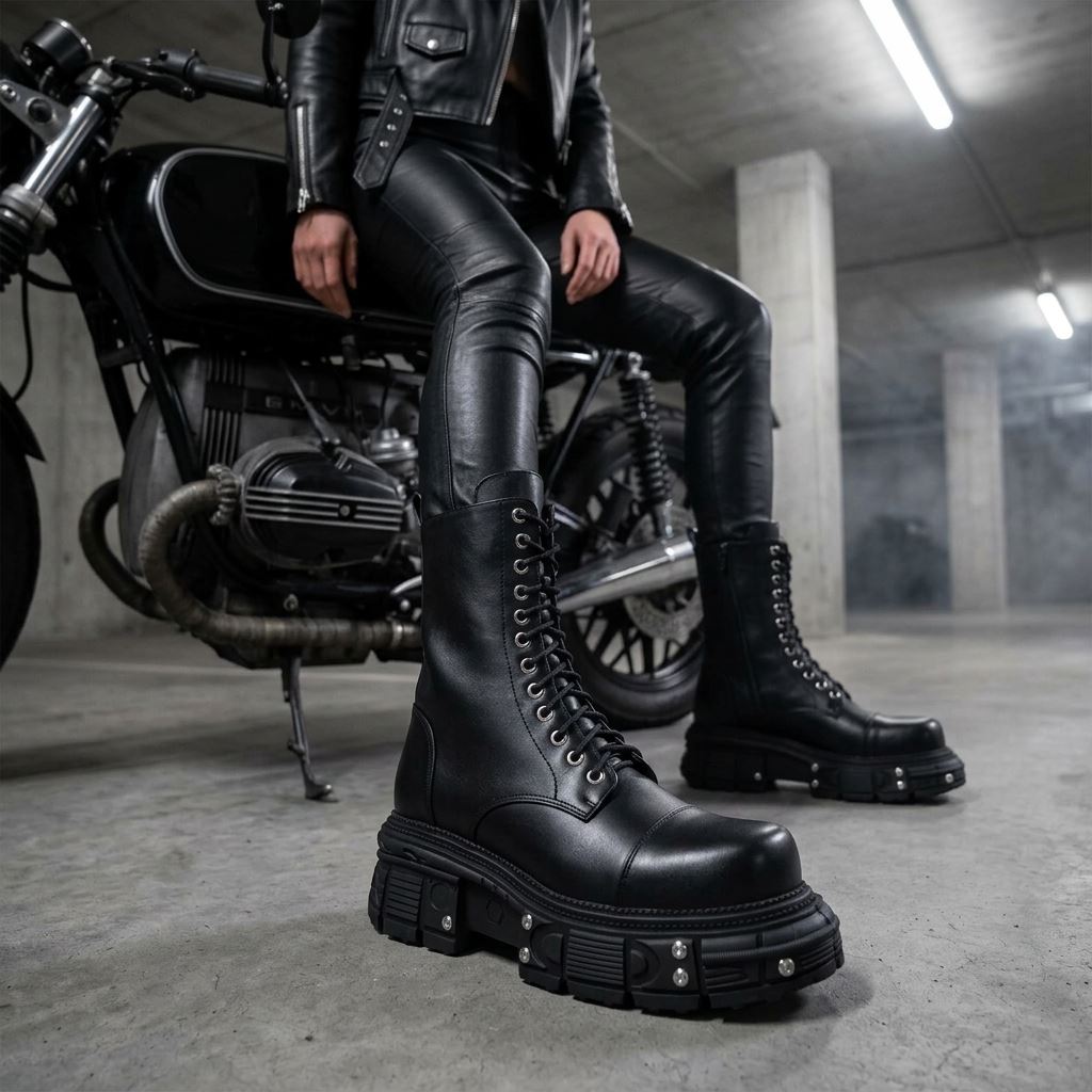 Women's Black Vegan Leather Platform Mid-Calf Combat Boots