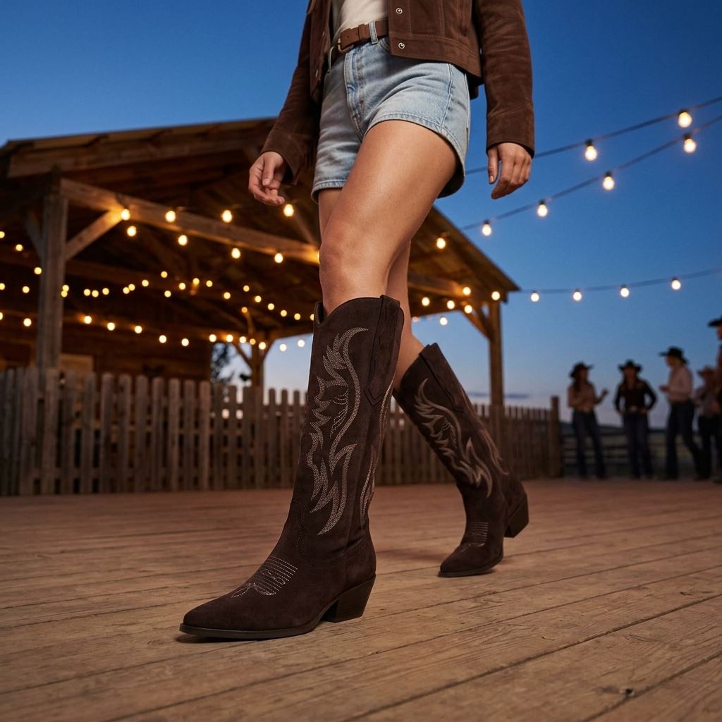 Women's Dark Brown Vegan Suede Knee-High Western Cowboy Boots
