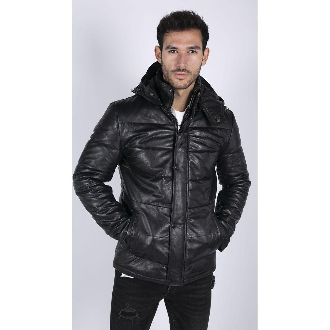 Mens Puffer Hood Quilted Jacket Real Leather Black Casual Retro 80s Classic Casual - Knighthood Store