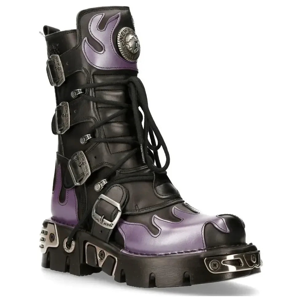 Men's New Rock M-591-s5 Purple Flame Boots Black Leather Gothic