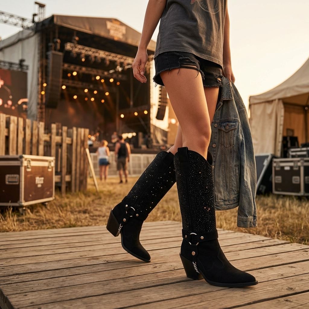 Women's Black Vegan Suede Rhinestone Western Knee-High Cowboy Boots