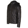 Mens Puffer Hood Jacket Real Leather Black Brown Casual Retro 80s Classic Casual - Knighthood Store