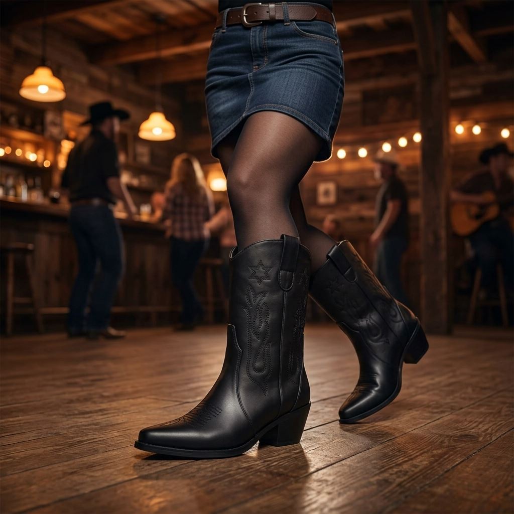 Women's Black Vegan Leather Embroidery Stitch Mid-Calf Western Cowboy Boots