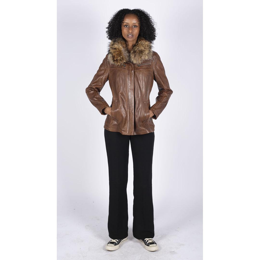 Womens Real Leather Short Parka Jacket Coat Fur Hood Zipped Brown Tan Black - Knighthood Store