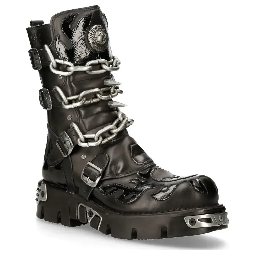 New Rock Men's Black Leather Skull Flame Reactor Boots
