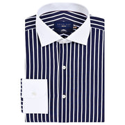 Men's Contrast Collar Striped Navy Formal Shirt