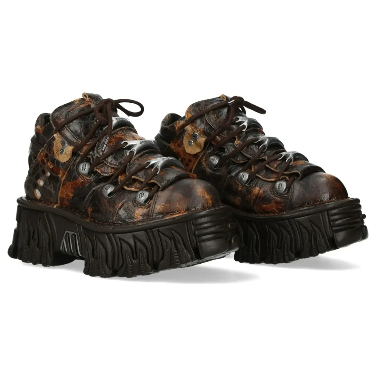 Women's New Rock M-106-C194 Brown Flame Leather Ankle Platform Boots