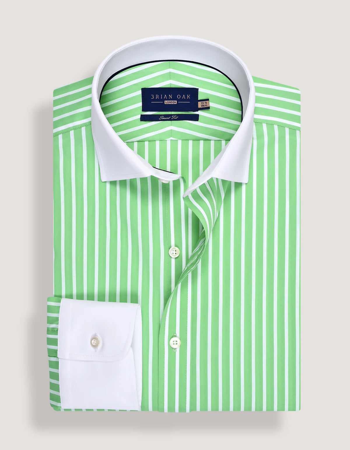 Men's Light Green Striped Shirt with Contrast Collar & Cuffs