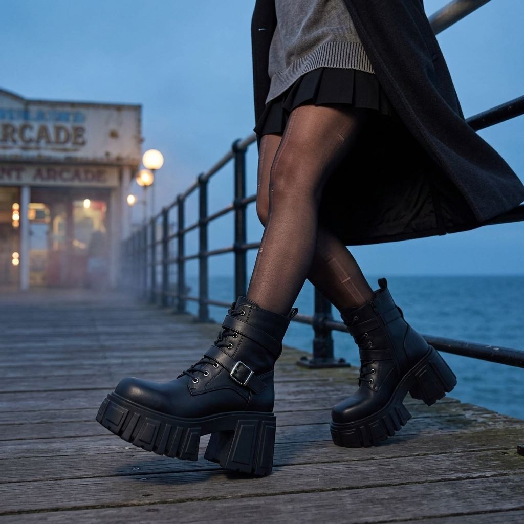 Women's Black Vegan Leather Mid-Calf Chunky Platform Combat Boots