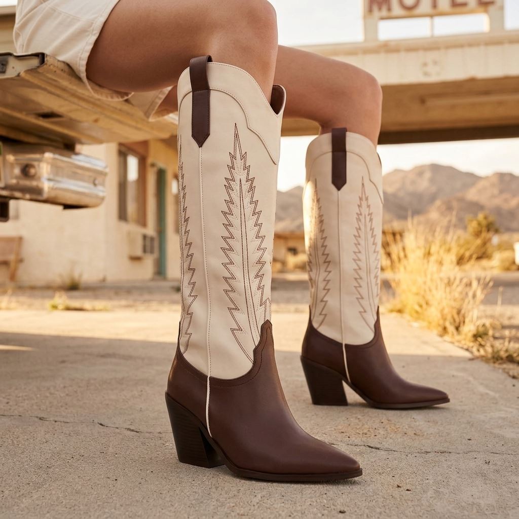 Women's Two-Tone Brown Cream Vegan Leather Western Knee-High Cowboy Boots