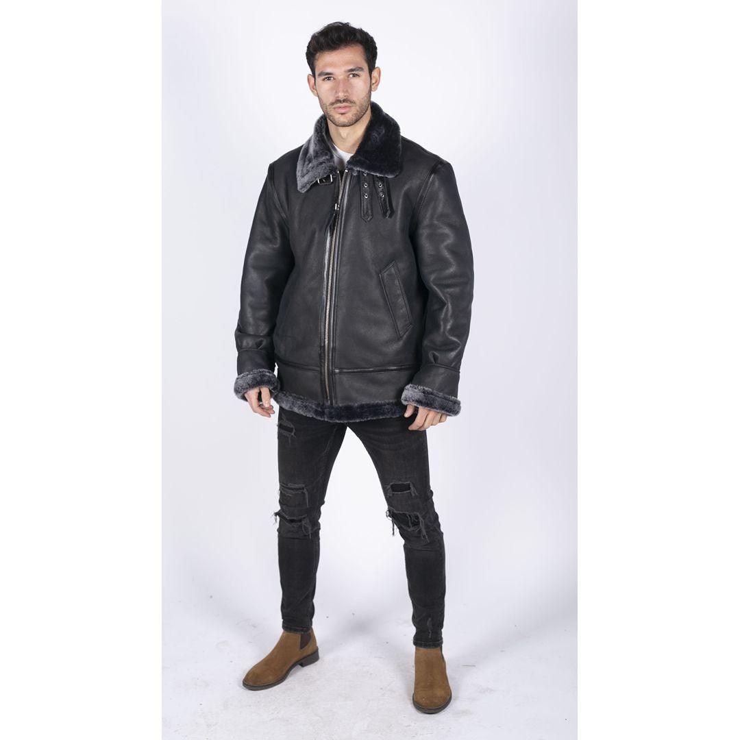 Mens Genuine Sheepskin Leather B3 Flying Aviator Jacket Black Grey Fur - Knighthood Store