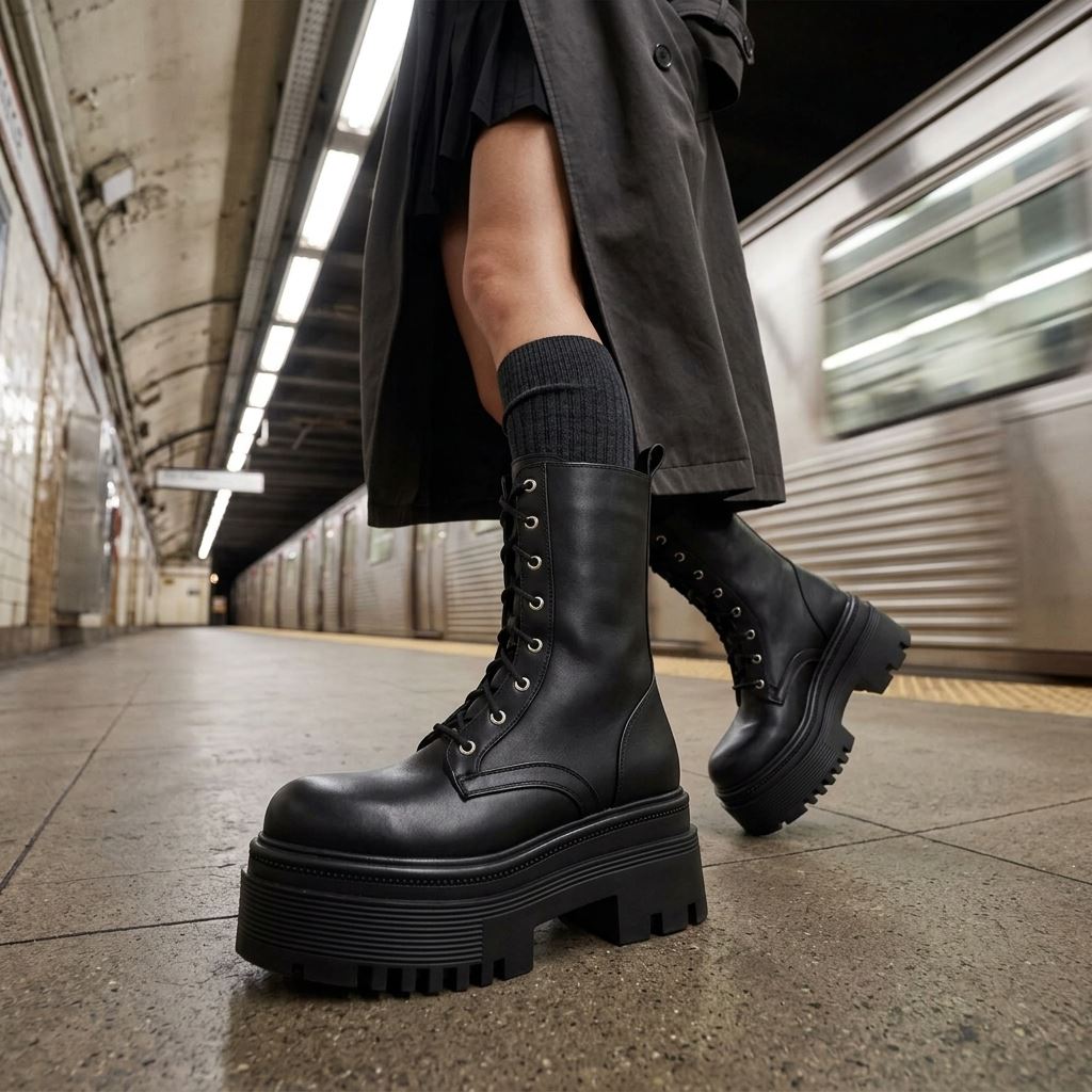 Women's Black Vegan Leather Mid-Calf Lace-Up Front Platform Combat Boots