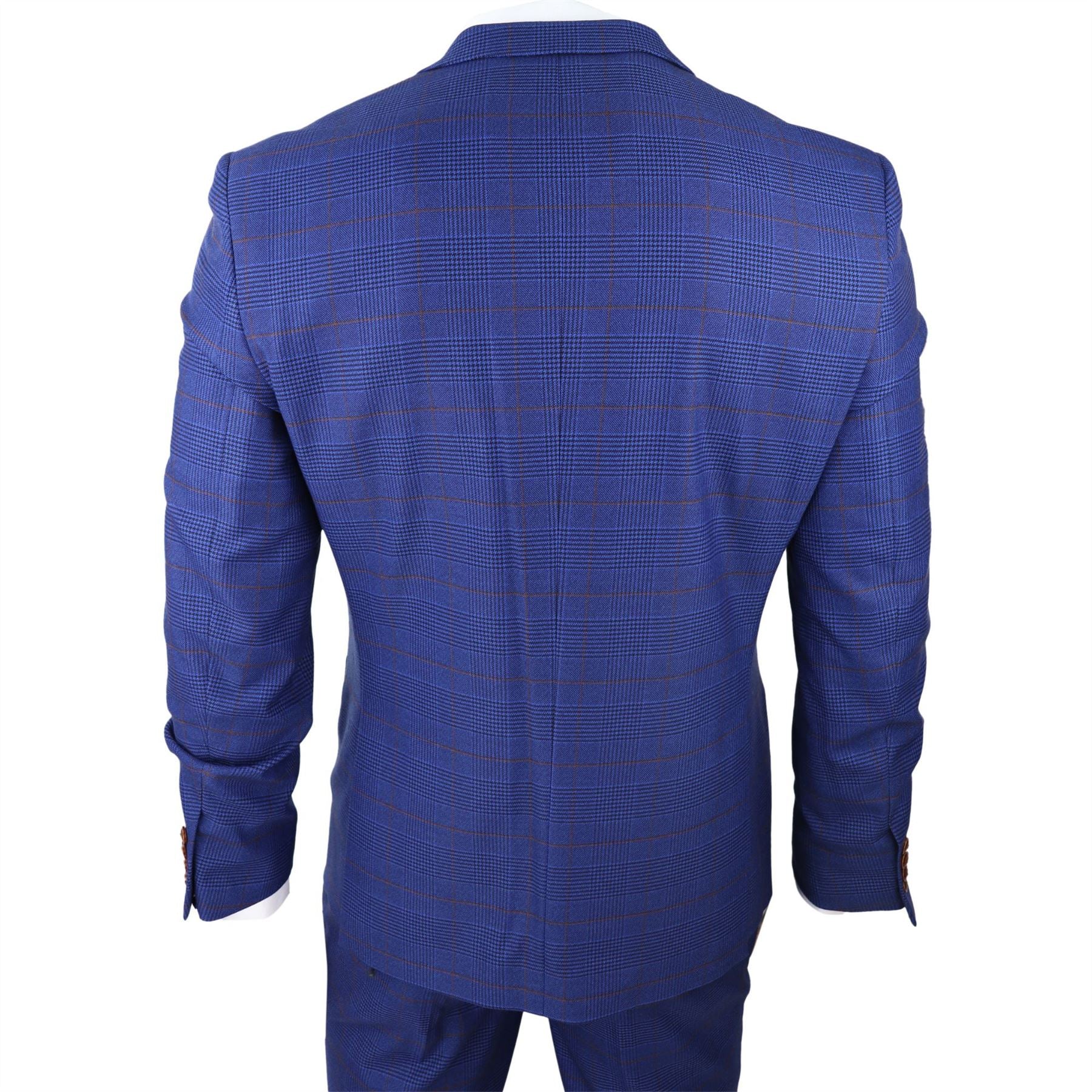 Mens Blue Brown Check 3 Piece Suit Tailored Fit Wedding Prom Races Prince Of Wales