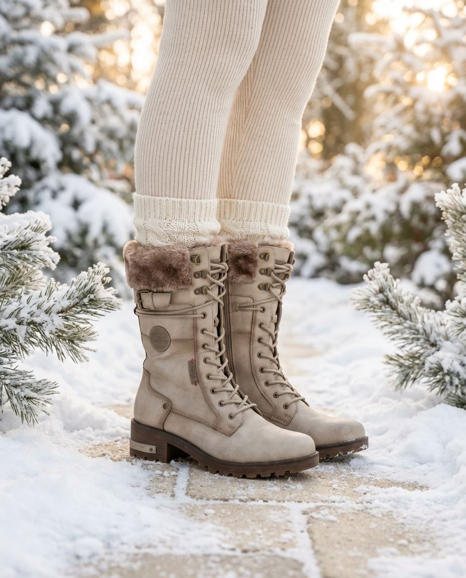 Women's Off White Mid-Calf Faux Fur Winter Combat Boots