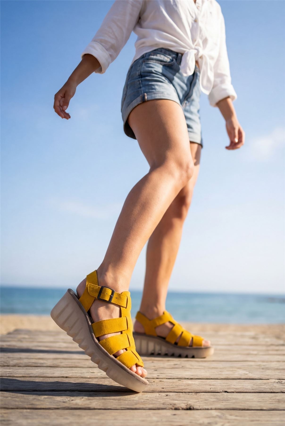 BAIC621FLY - Women’s Yellow Leather Wedge Sandals