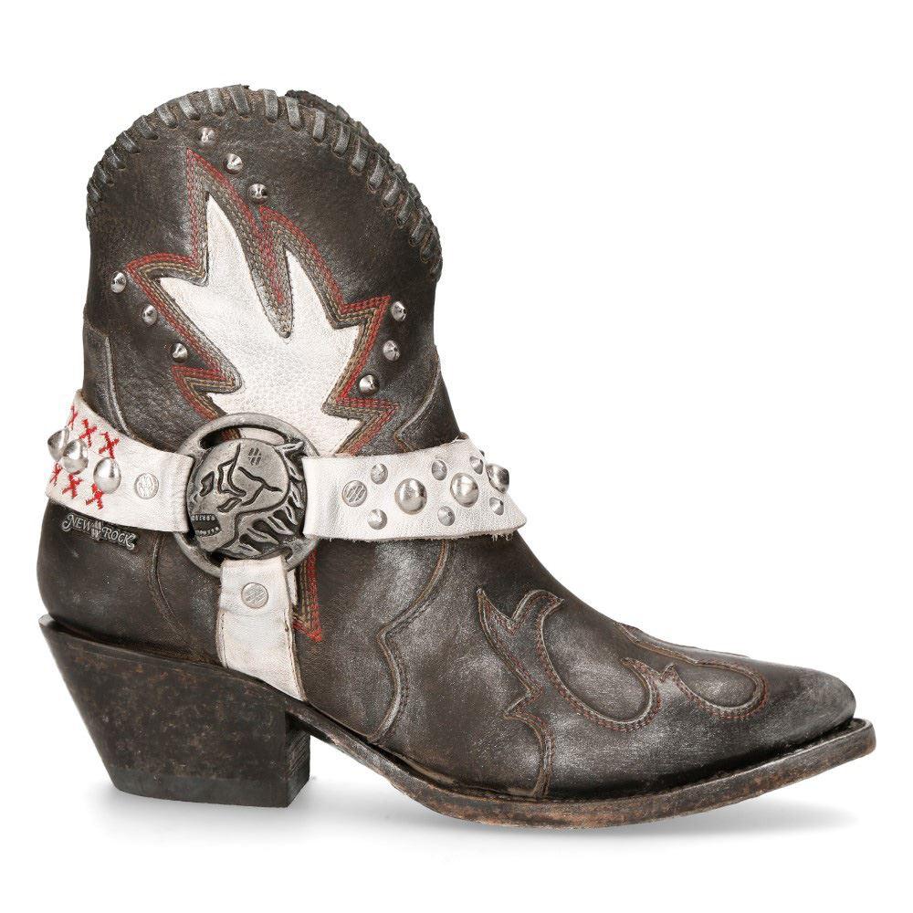 New Rock WSTM004-S2 Grey White Leather Cowboy Western Pointed Boots Vintage - Knighthood Store