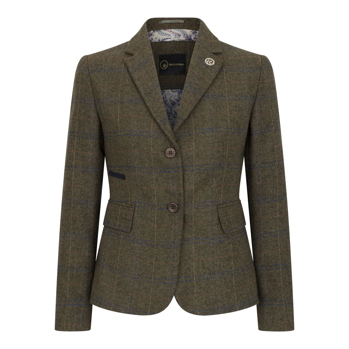Women's Olive Green Wool Blend Tweed Herringbone Checkered Blazer Waistcoat - UK 8 / Blazer
