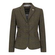Women's Olive Green Wool Blend Tweed Herringbone Checkered Blazer Waistcoat