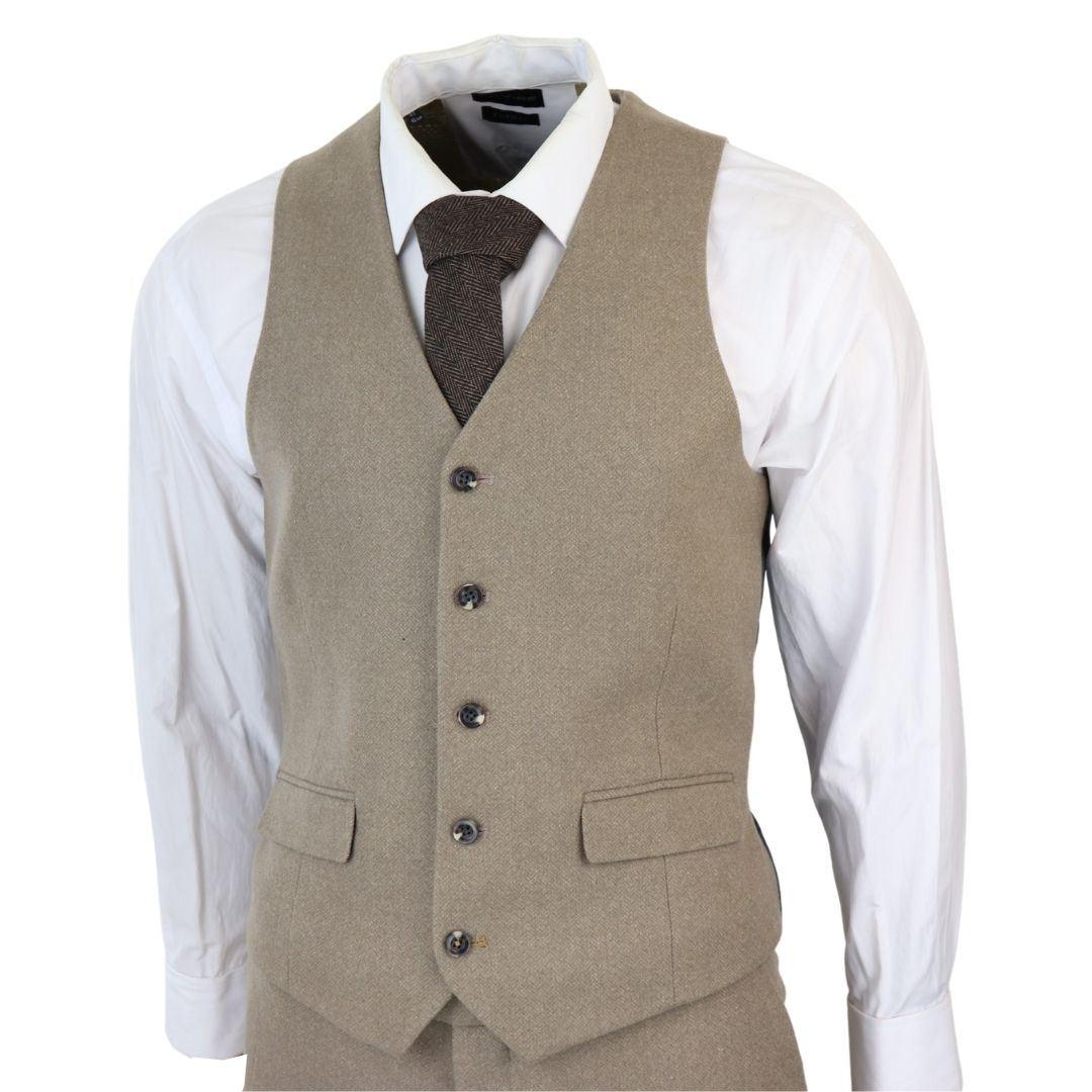 Men's Beige 3 Piece Suit Tweed Wool Herringbone Formal Business Dress Suits - Knighthood Store